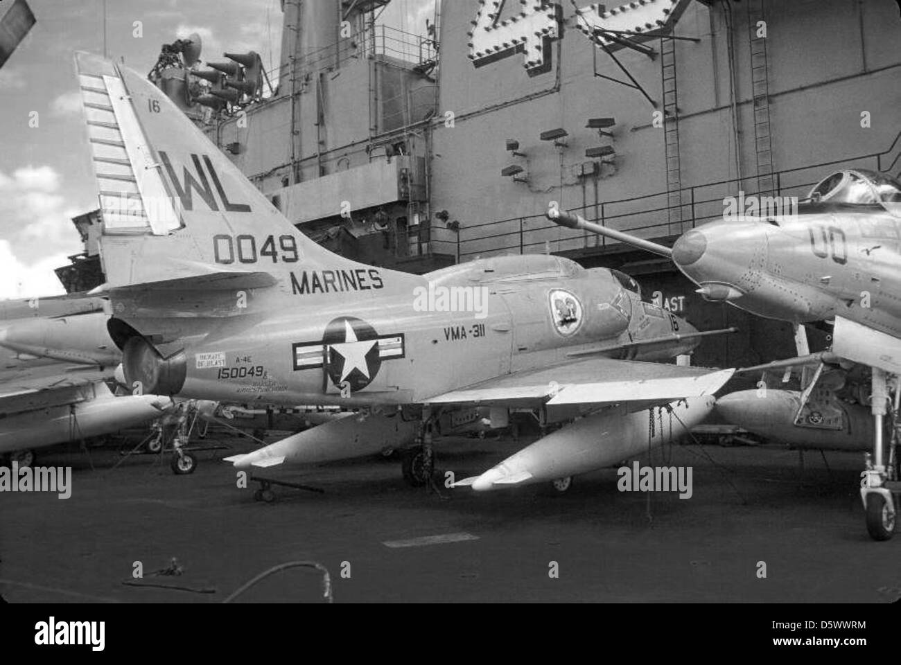 Douglas (A4D-5) A-4E 'Skyhawk' of Marine Attack Squadron VMA-311 'Tomcats' on the USS CORAL SEA (CVA-43) in 1973. Stock Photo