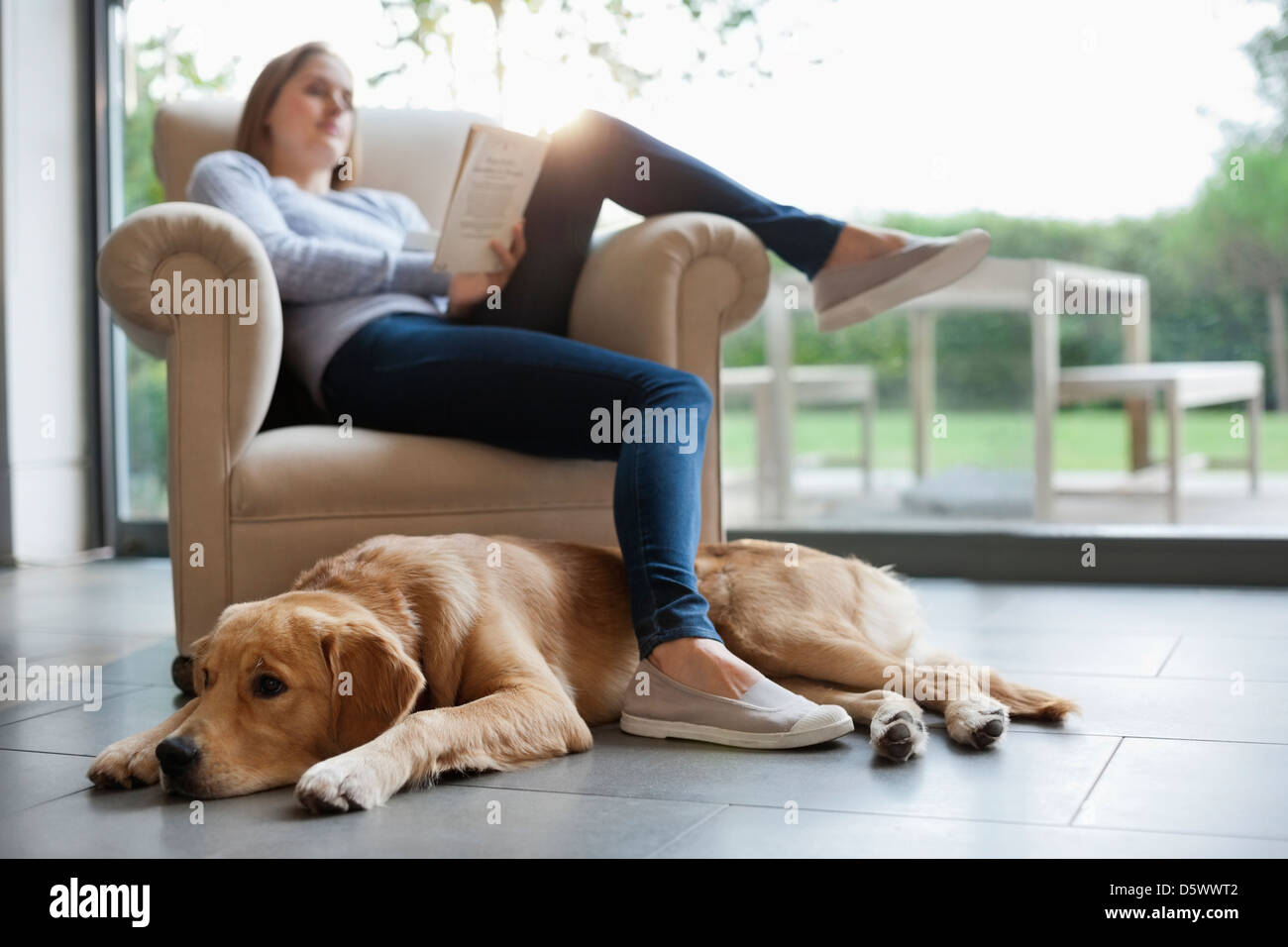 Dog sitting with woman in living room Stock Photo