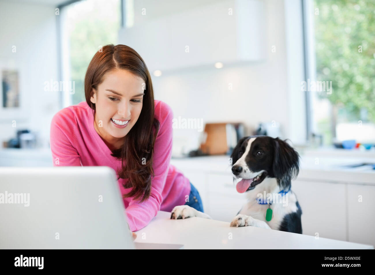 Woman using laptop with dog Stock Photo