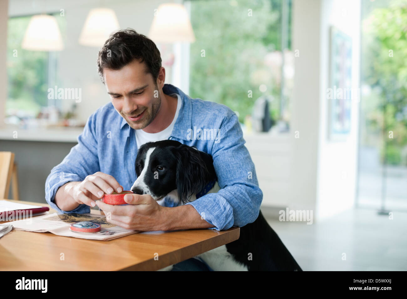 Man feeding dog at kitchen table Stock Photo