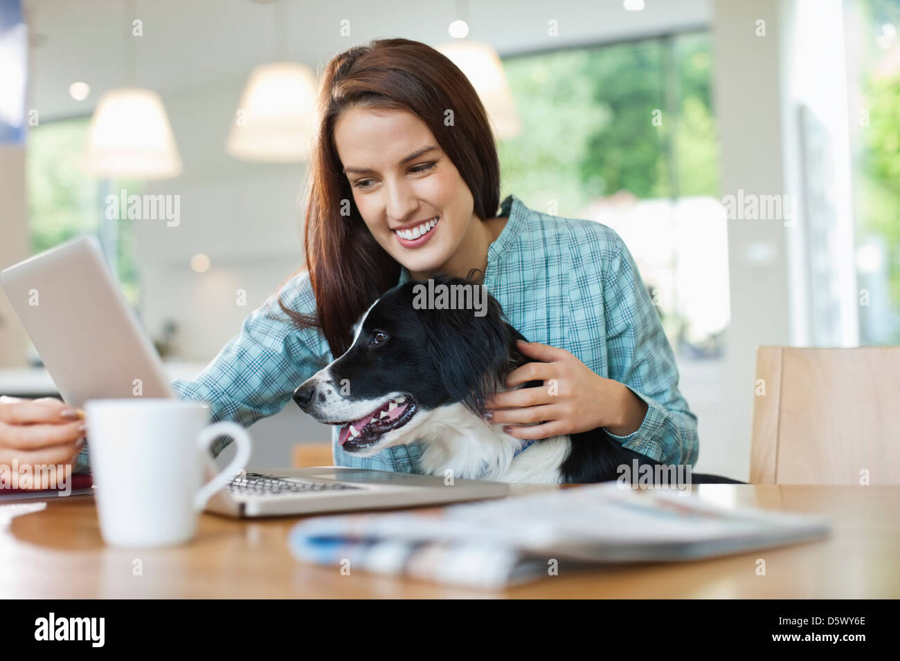 Woman with dog on lap using laptop Stock Photo - Alamy