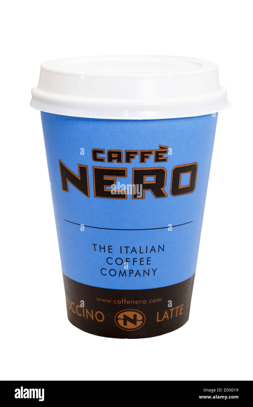 Caffe Nero disposable single use takeout paper coffee cup to go takeaway with plastic drink-through lid cutout and isolated on white. England UK Stock Photo
