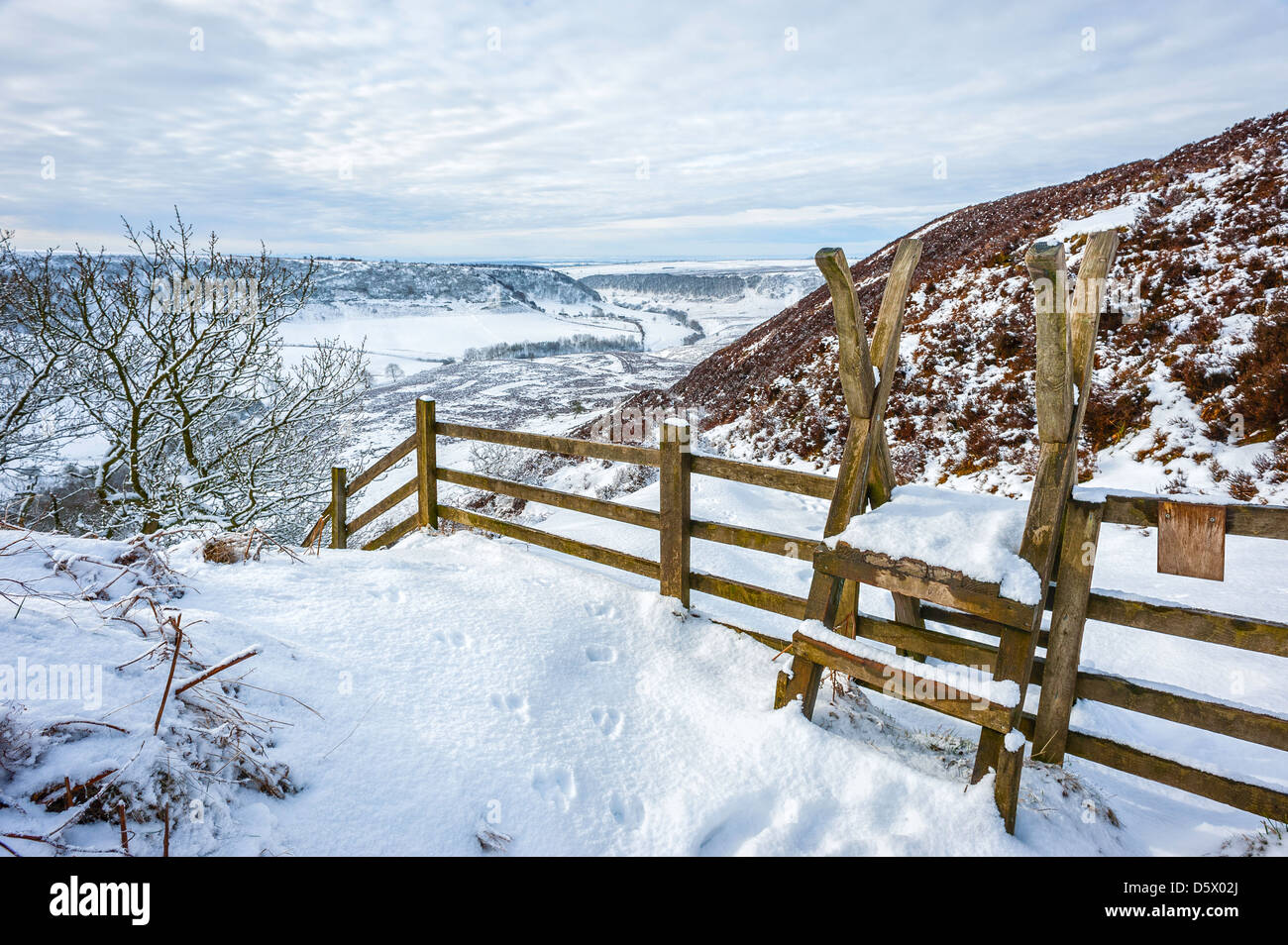 Rambler gate leading to Hole of Horcum on a beautiful winter landscape covered in snow near Goathland, Yorkshire, UK. Stock Photo