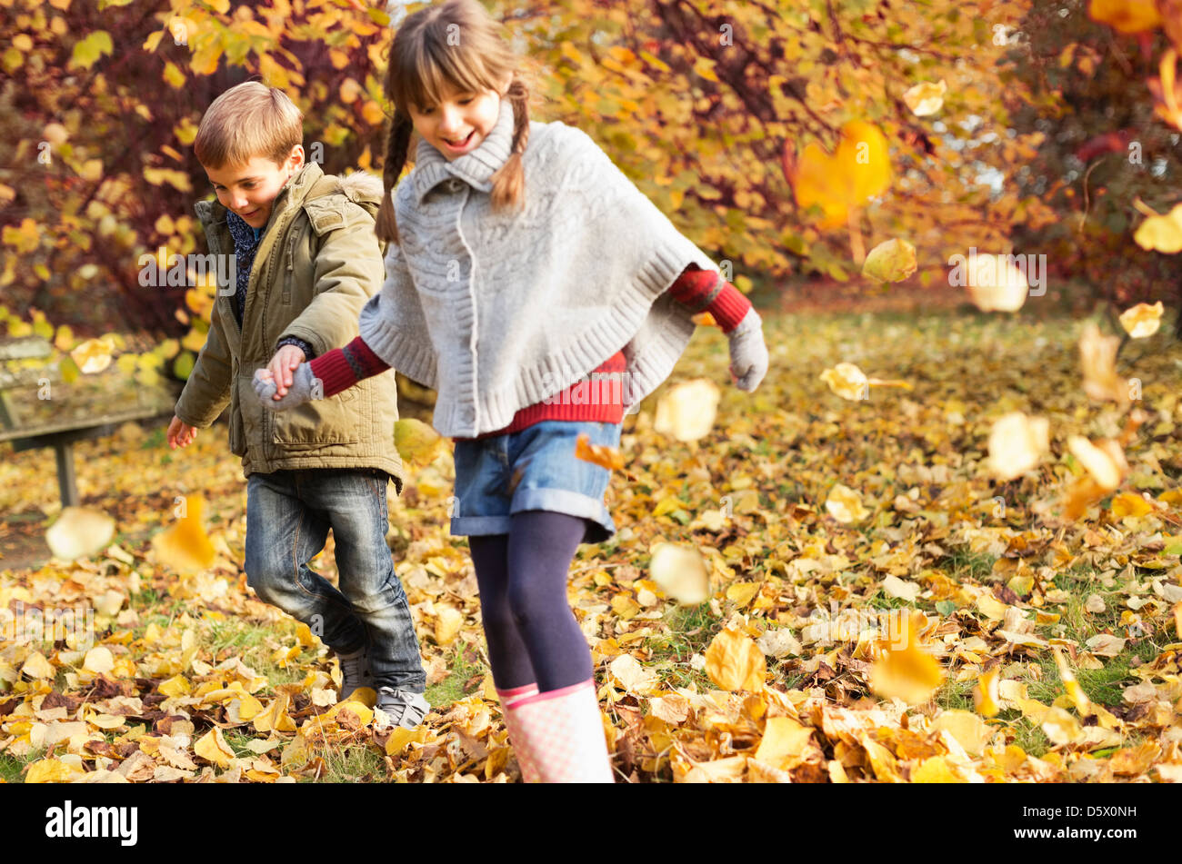 Children playing in autumn leaves Stock Photo - Alamy