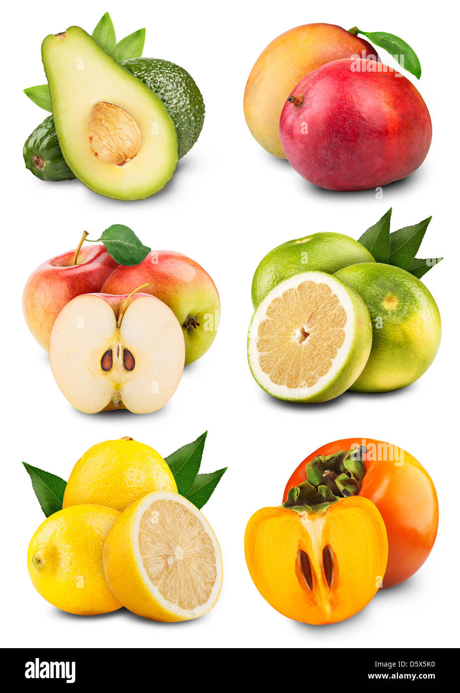 collection of fresh fruits with leaves on a white background Stock Photo