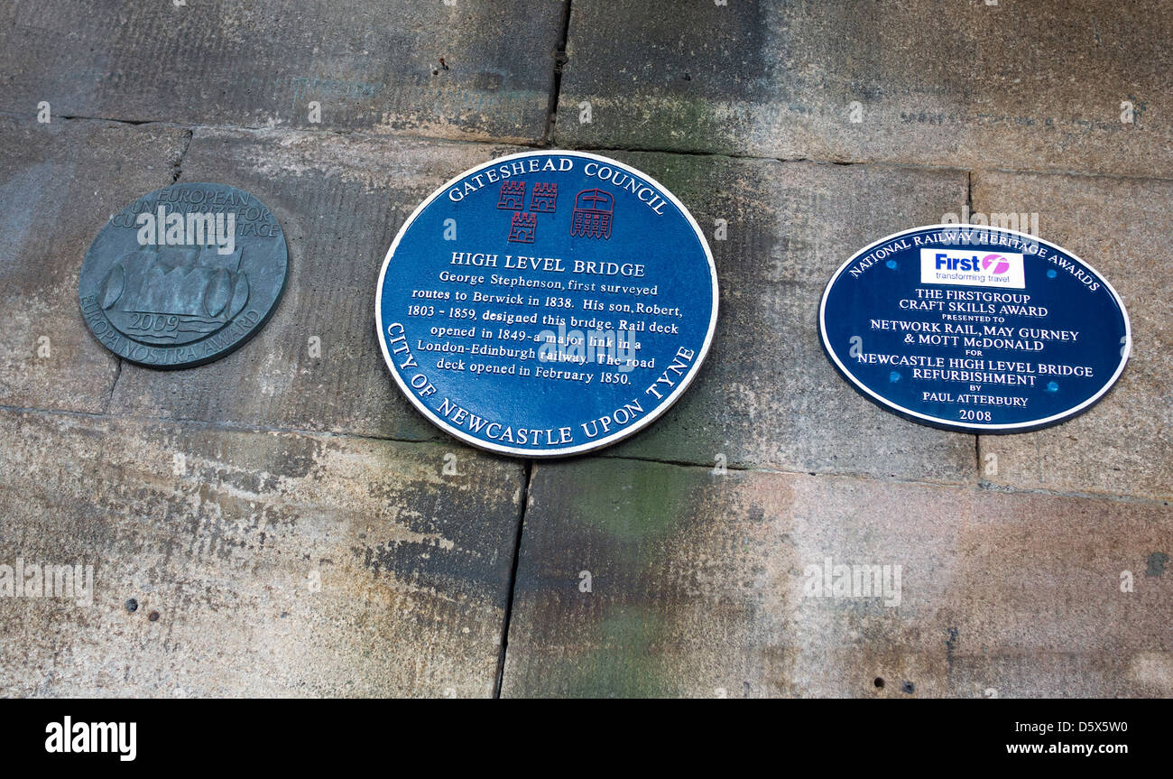 The High Level Bridge plaques. Designed by Robert Stephenson and built between 1847 and 1849. Stock Photo