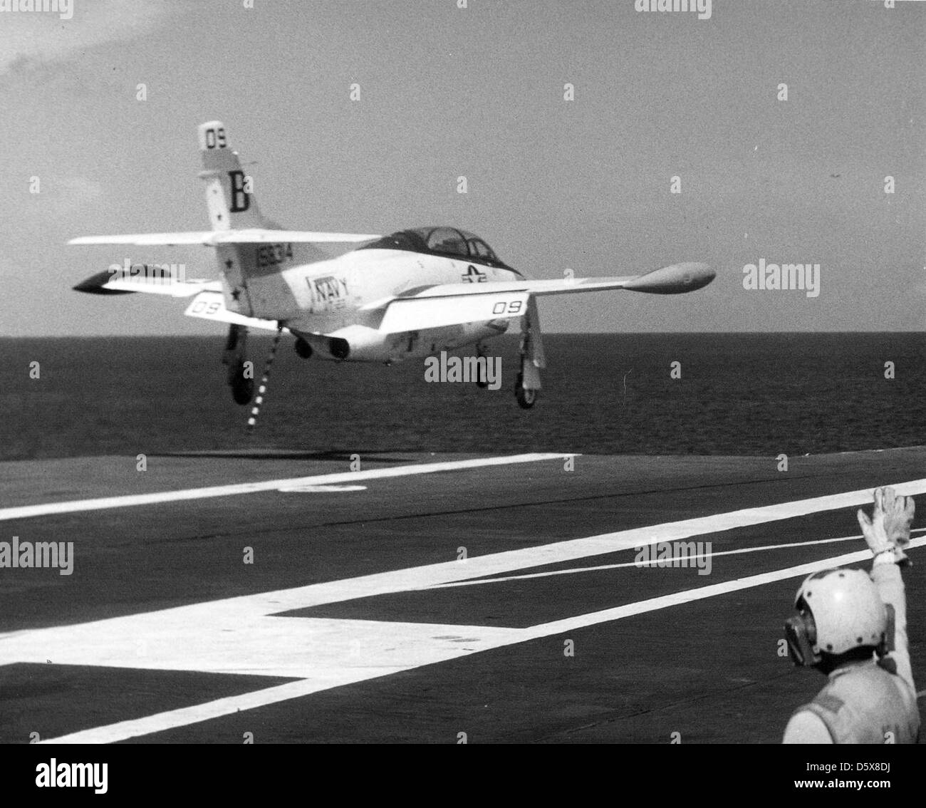 A North American T-2C 'Buckeye' of Training Squadron (VT) 23 launches from the USS LEXINGTON (AVT-16). Stock Photo