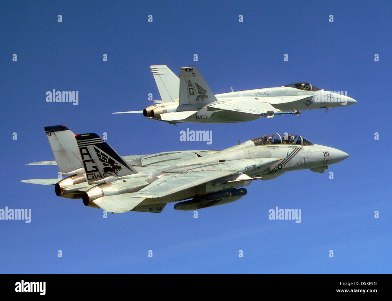 A Grumman F-14B 'Tomcat', assigned to the 'Pukin’ Dogs' of FS One Four Three (VF-143), and the squadron’s new aircraft, an McDonnell Douglas F/A-18E 'Super Hornet'. Stock Photo