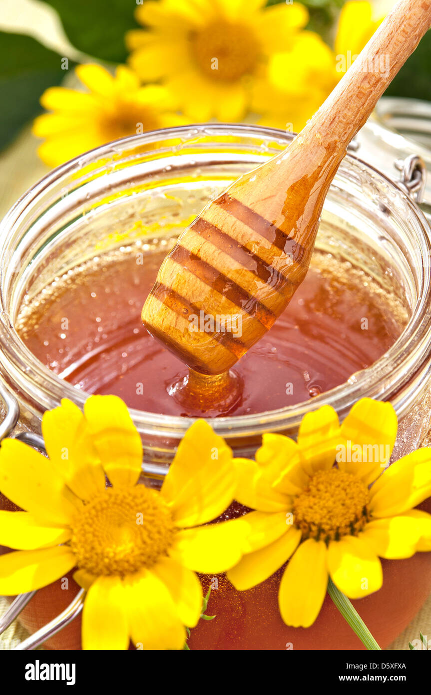 Honey in glass jar and yellow flowers Stock Photo