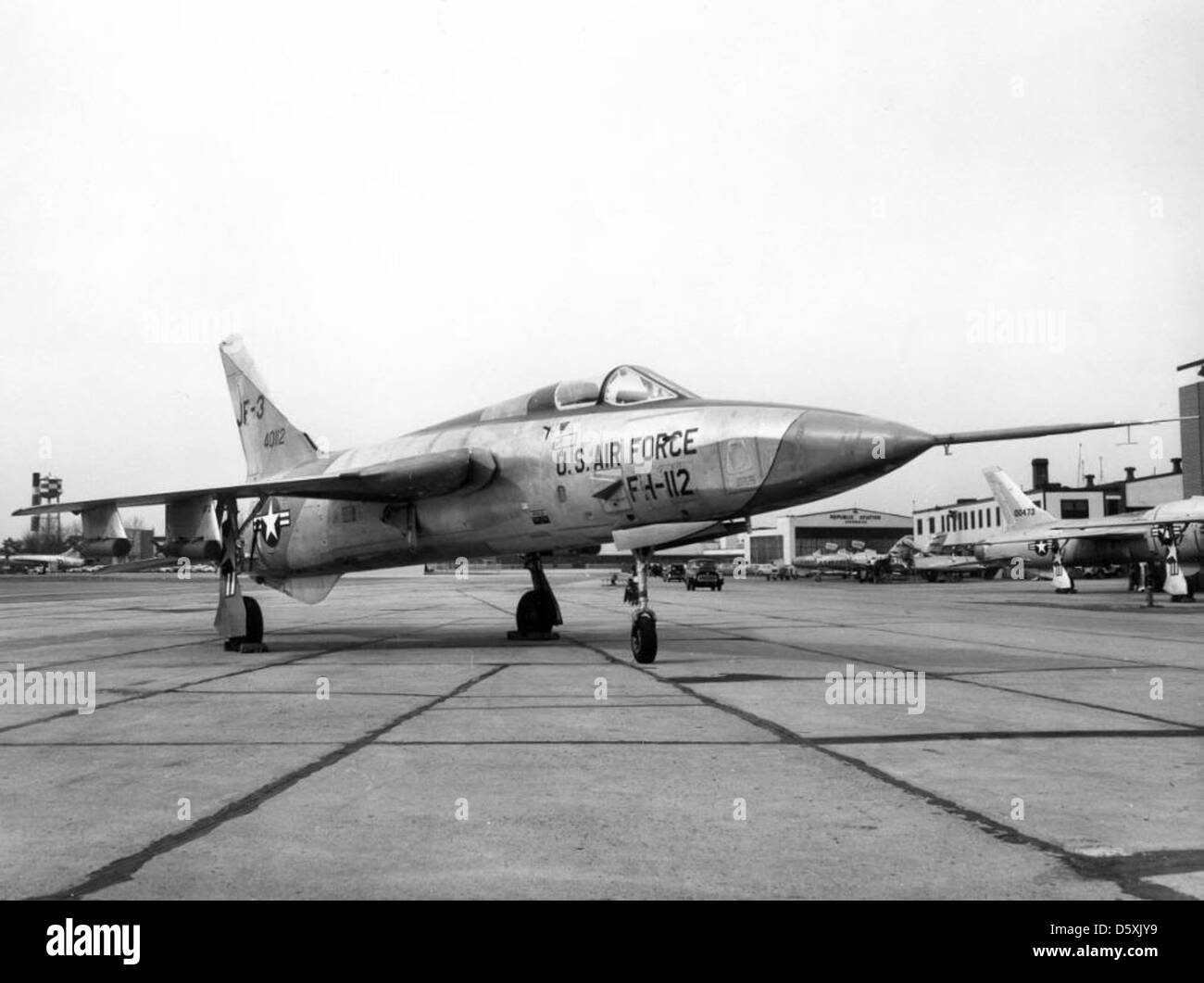 A Republic JF-105B-2-RE 'Thunderchief' is shown at the Republic Aviation plant in Farmingdale, Long Island. The Thunderchief was a supersonic fighter-bomber used by the U.S. Air Force during the Cold War era. Stock Photo