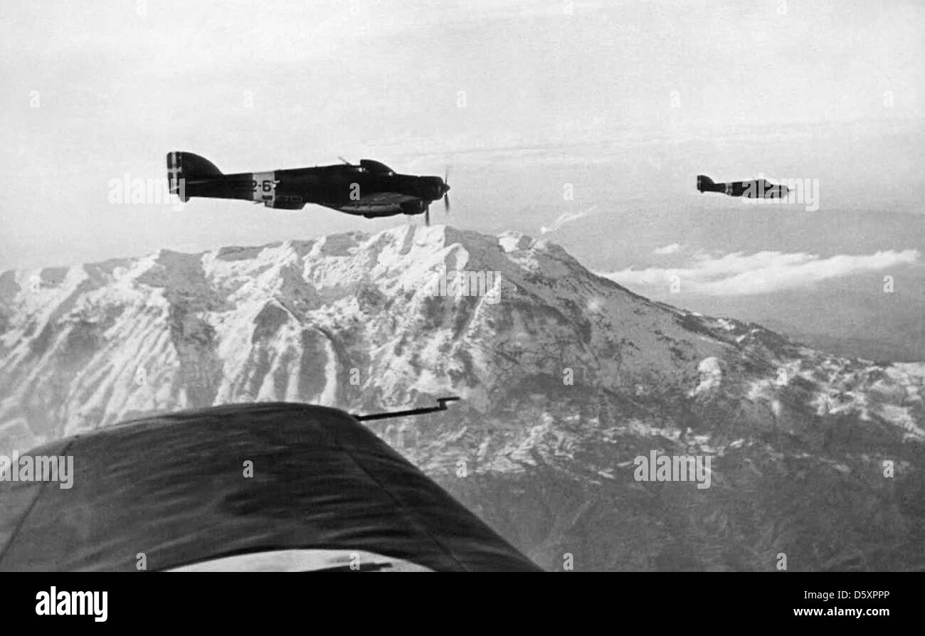 Italian bombers on their way to war action on the Albanian-Greek frontier, on January 9, 1941. Italian armies had launched an invasion of Greece from Albanian territory on October 28, 1940. Stock Photo