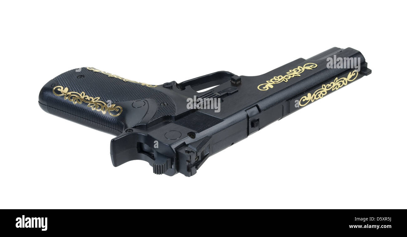 Black hand gun with golden accents along the edges - path included Stock Photo