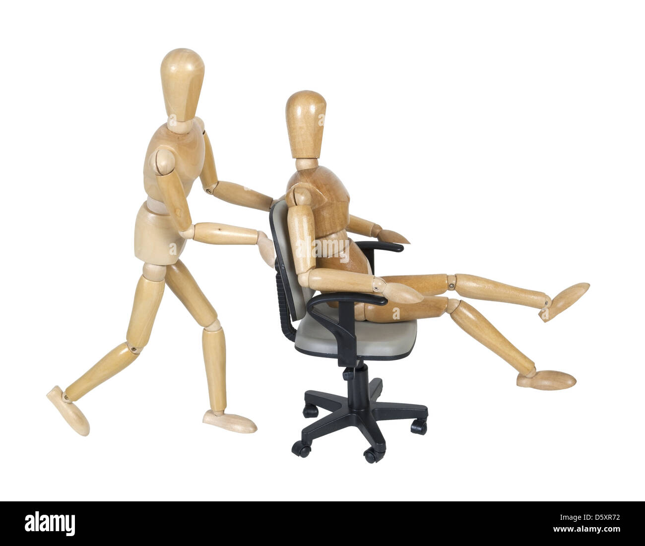 Pushing another rider in an adjustable office chair race - path included Stock Photo