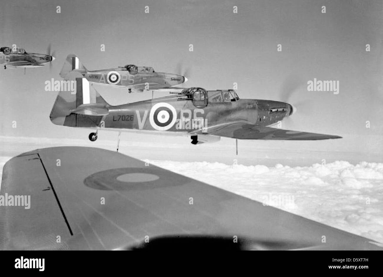 RAF Boulton Paul 'Defiant Mk Is' of No. 264 Squadron RAF (including L7026 PS-V and N1535 PS-A) based at Kirton-in-Lindsey, Lincolnshire, August 1940. Stock Photo
