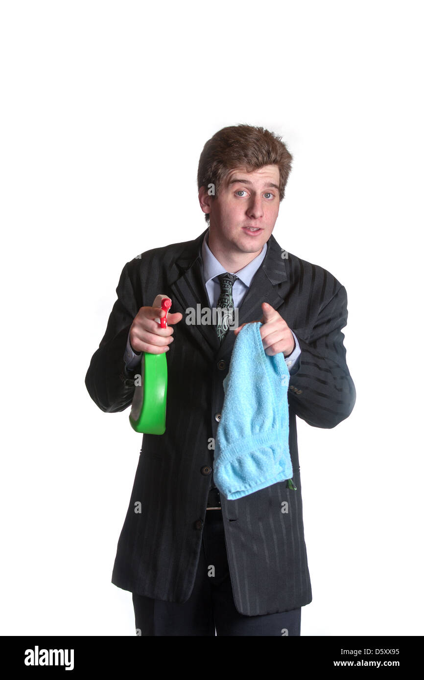 young unemployed business man offers to clean windows Stock Photo