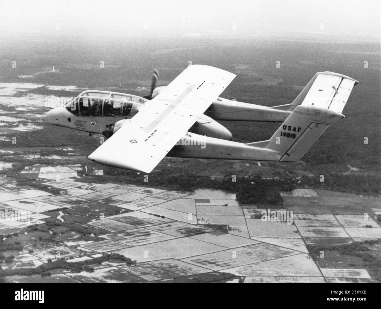 FAC Aircraft-The North American Rockwell OV-10 'Bronco' making its maiden flight in Southeast Asia in August 1968 during its 90-day period of combat evaluation with the 19th TASS. Stock Photo