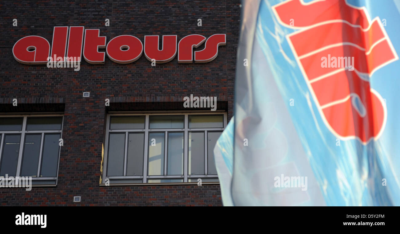 Alltours flags wave in front of the company's headquarters in Duisburg, Germany, 08 October 2012. On 08 October, the travel business will hold a balance press conference and present the business numbers for the years 2011/12. Photo: Daniel Naupold Stock Photo