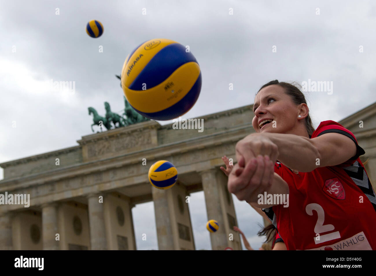 Women's vollyball player Ilona Droeger from Koepeniker Sportclub (KSC) takes part in a public training session in Berlin, Germany, 10 October 2012. They are starting the 2012/13 season with the training session. Photo: MARC TIRL Stock Photo
