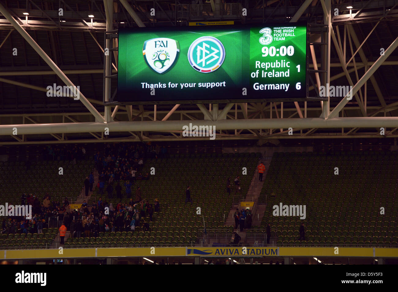 Scoreboard shows the final score 1-6 after the FIFA World Cup 2014 qualifying soccer match between Ireland and Germany at Aviva stadium in Dublin, Ireland, 12 October 2012. Photo: Federico Gambarini/dpa  +++(c) dpa - Bildfunk+++ Stock Photo