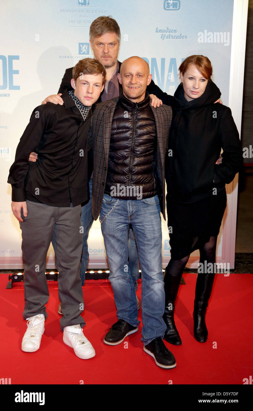 Actors Henry Stange (front, L-R), Juergen Vogel and Birgit Minichmayr and the director Matthias Glasner arrive for the premiere of the movie 'Gnade' ('Grace') at the International cinema in Berlin, Germany, 15 October 2012. The movie will be aired to German cinemas on 18 October 2012. Photo: Joerg Carstensen Stock Photo