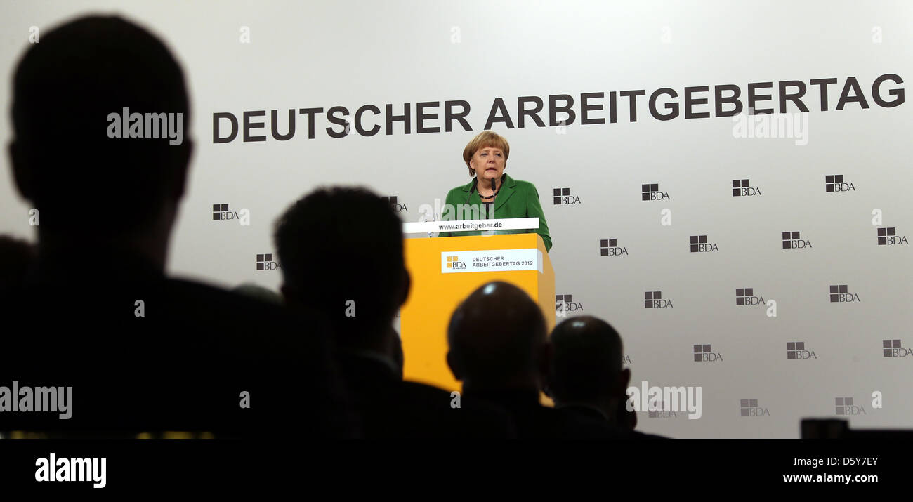 German Chancellor Angela Merkel delivers a speech at the German employers conference in Berlin, Germany, 16 October 2012. Photo: WOLFGANG KUMM Stock Photo