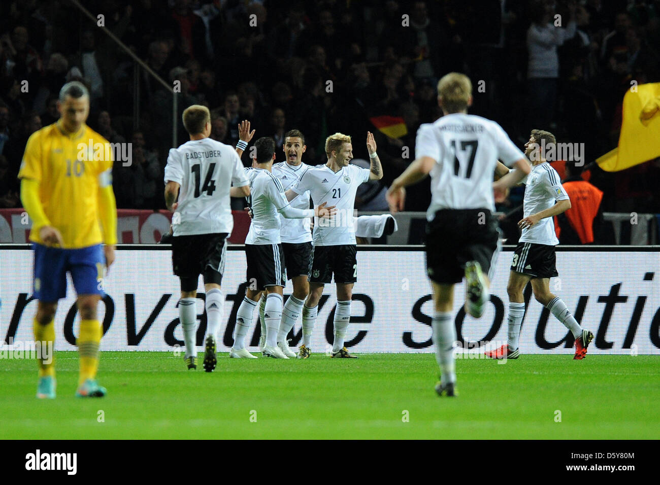Germany celebrates the 2-0 goal by Miroslav Klose during the FIFA World Cup 2014 qualifying soccer match between Germany and Sweden at Olympic stadium in Berlin, Germany, 16 October 2012. Photo: Revierfoto Stock Photo