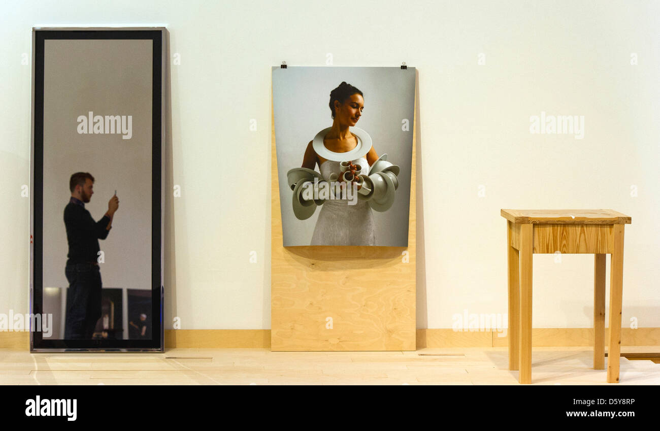 The work "Magikal Miroir XL" by Alnoor Design (L-R), "La Dot (détail)" by Marie Pendariés and "Sentimental Billot, Curiosa #I" by Arnold Degiovanni are pictured in the exhibition "C'est pas mon genre - About Women (Design from France)" at the Museum for Applied Arts in Frankfurt Main, Germany, 18 October 2012. The exhibition runs from 20 October until 02 December 2012. Photo: NICOL Stock Photo