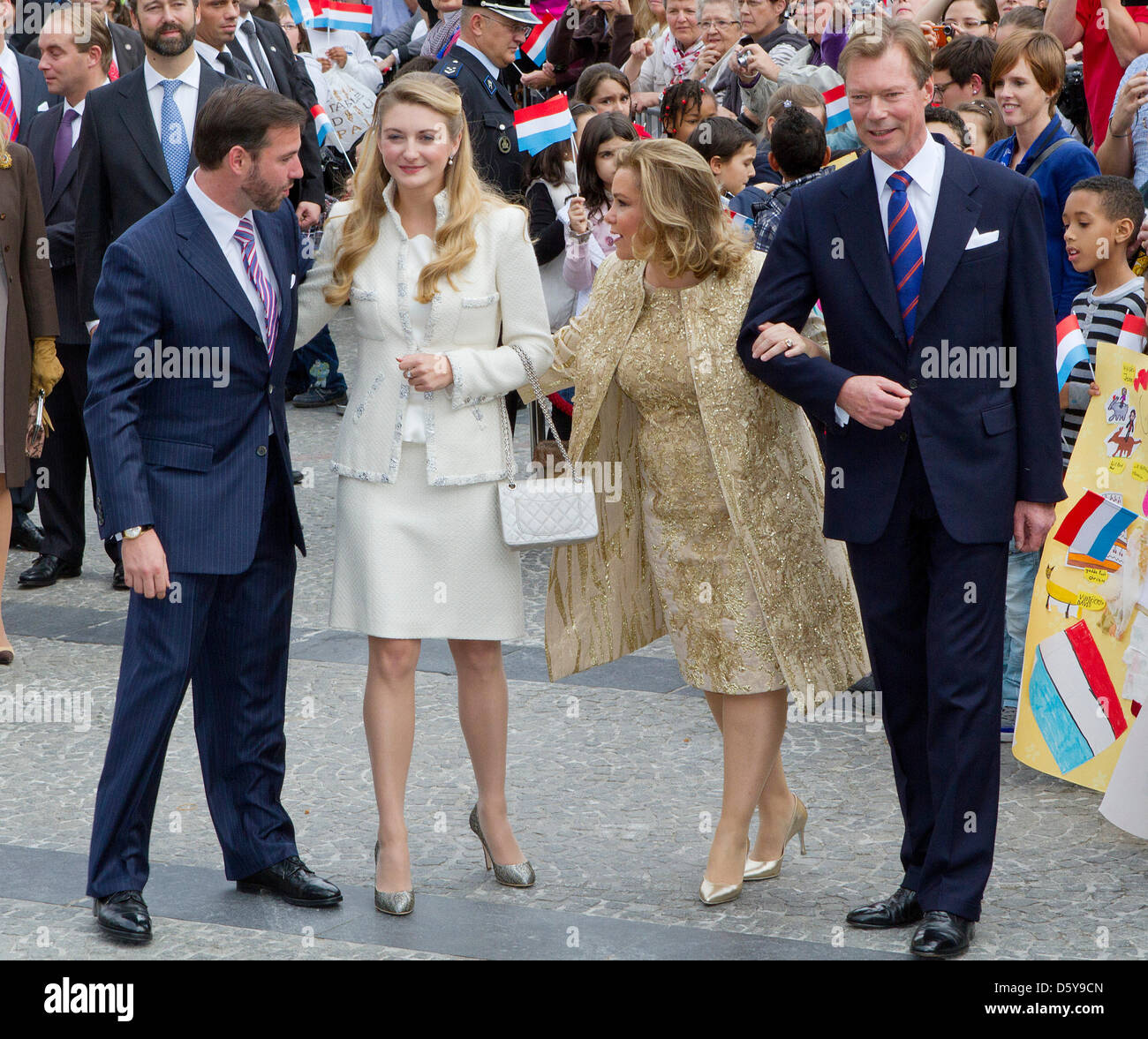 L-R) Prince Guillaume, Hereditary Grand Duke of Luxembourg and Countess  Stéphanie de Lannoy with Grand Duchess Maria Teresa and Grand Duke Henri of  Luxembourg during their civil wedding at the Luxembourg City