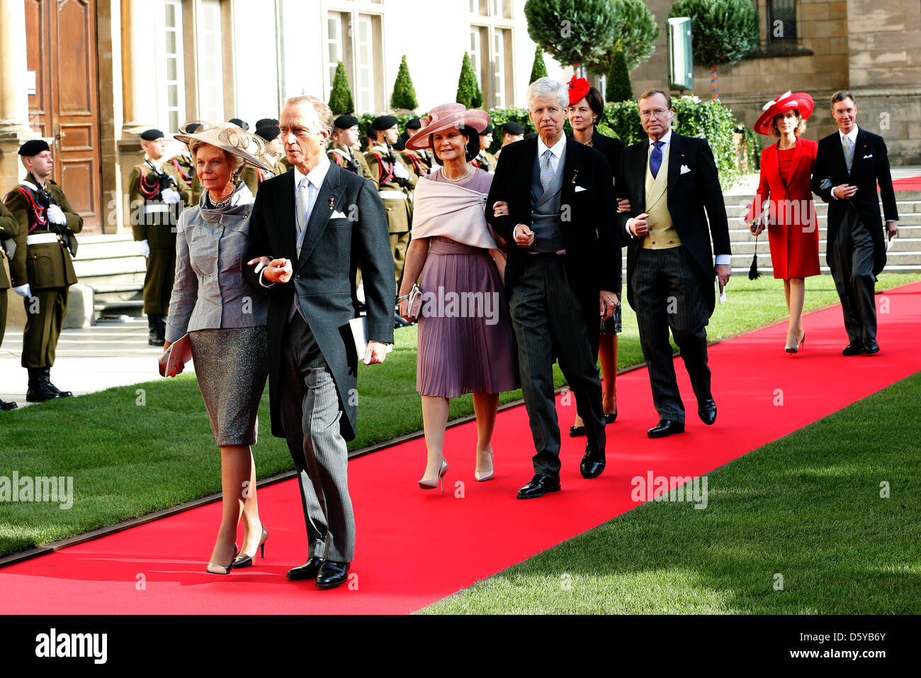 All brothers and sisters of Grand Duke Henri of Luxembourg: Princess Marie Astrid and Archduke Carl Christian, Princess Margaretha and Prince Nicolas, Prince Jean and Diane De Guerre, Prince Guillaume and Princess Sibilla during the wedding of Prince Guillaume, the Hereditary Grand Duke of Luxembourg and Countess Stéphanie de Lannoy at the Cathedral of Our Lady in the City of Luxem Stock Photo