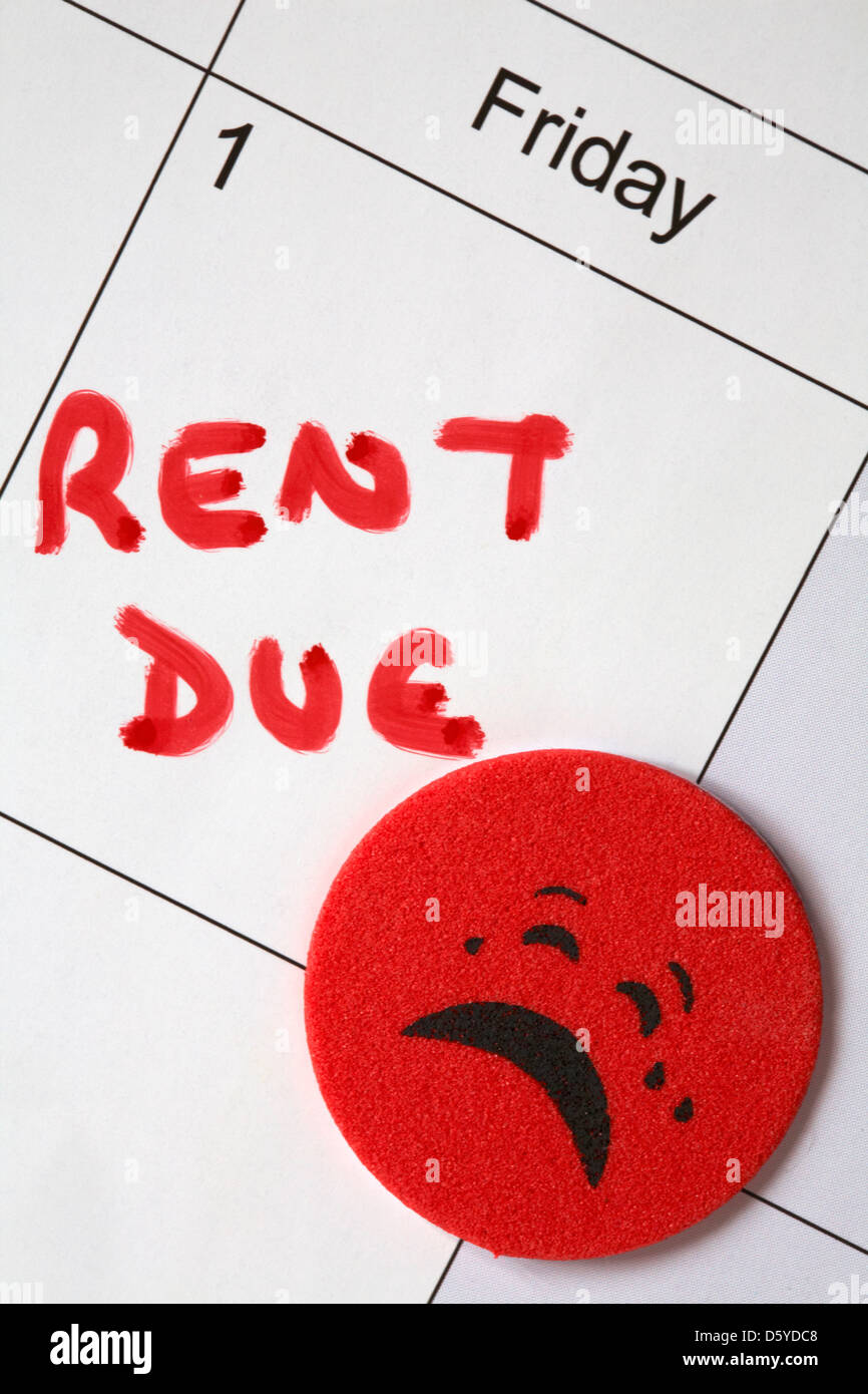 1st of the month and rent due written in red with red sticker crying