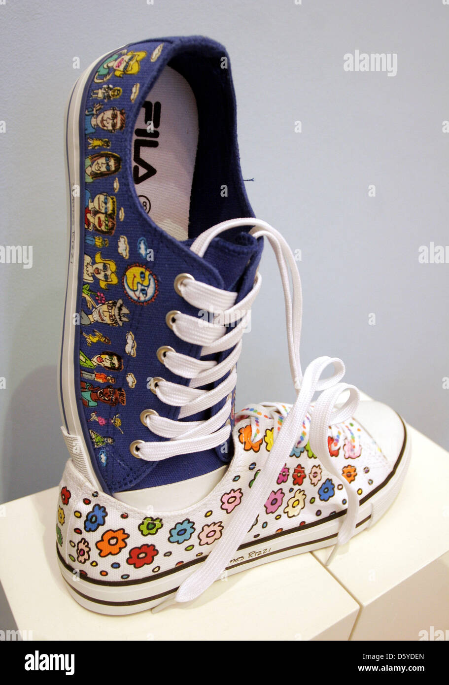 Alle rent Bølle Shoes designed by US American James Rizzi for sports equipment manufacturer  Fila are on display at the art gallery Richter in Berlin, Germany, 29 March  2012. The comprehensive retrospective of the pop-art