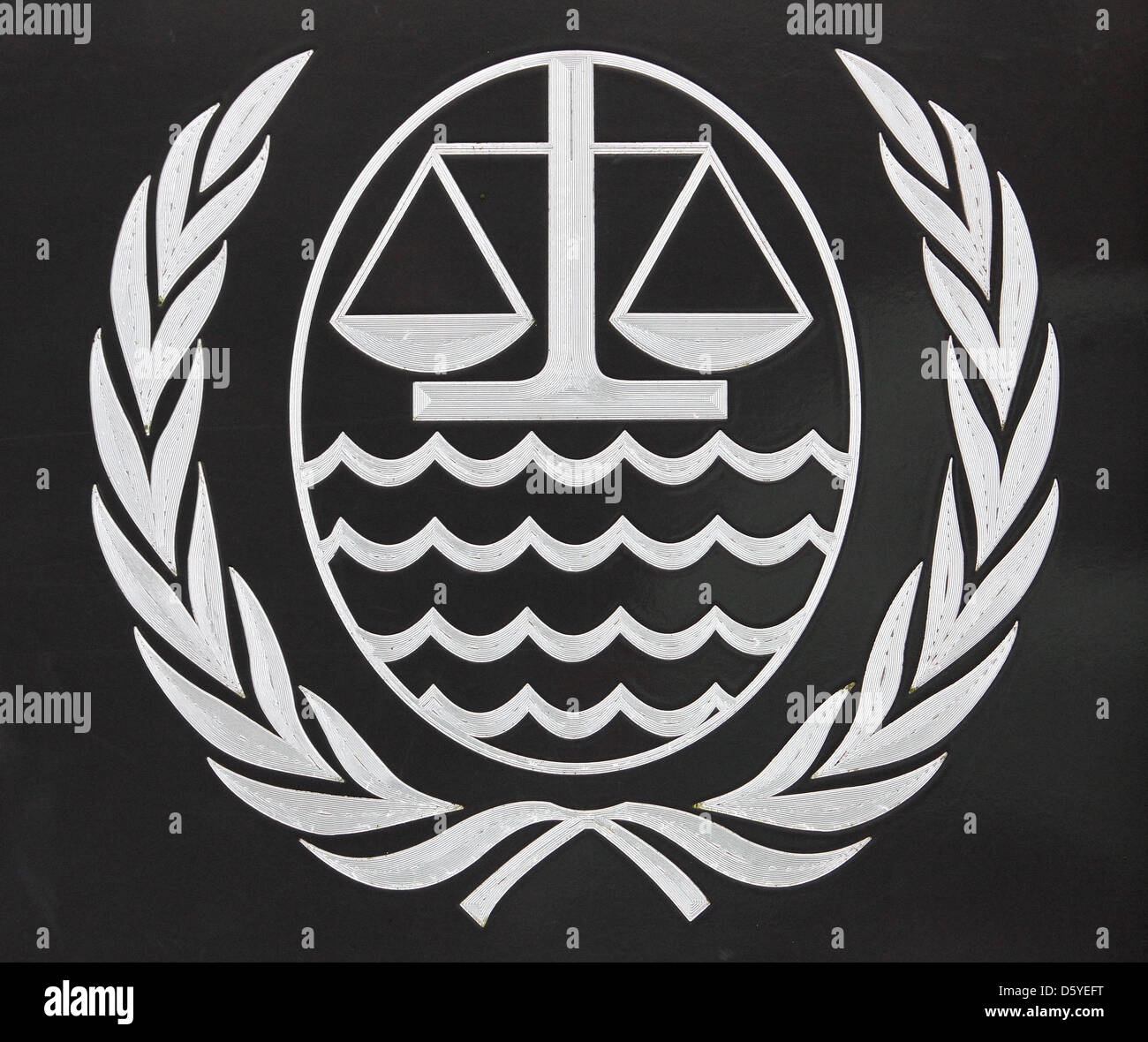 the logo of the International Tribunal for the Law of the Sea is featured at the tribunal in Hamburg, Germany, 14 March 2012. International Tribunal for the Law of the Sea decided on disputes over the maritime border between Myanmar and Bangladesh. Photo: Bodo Marks Stock Photo