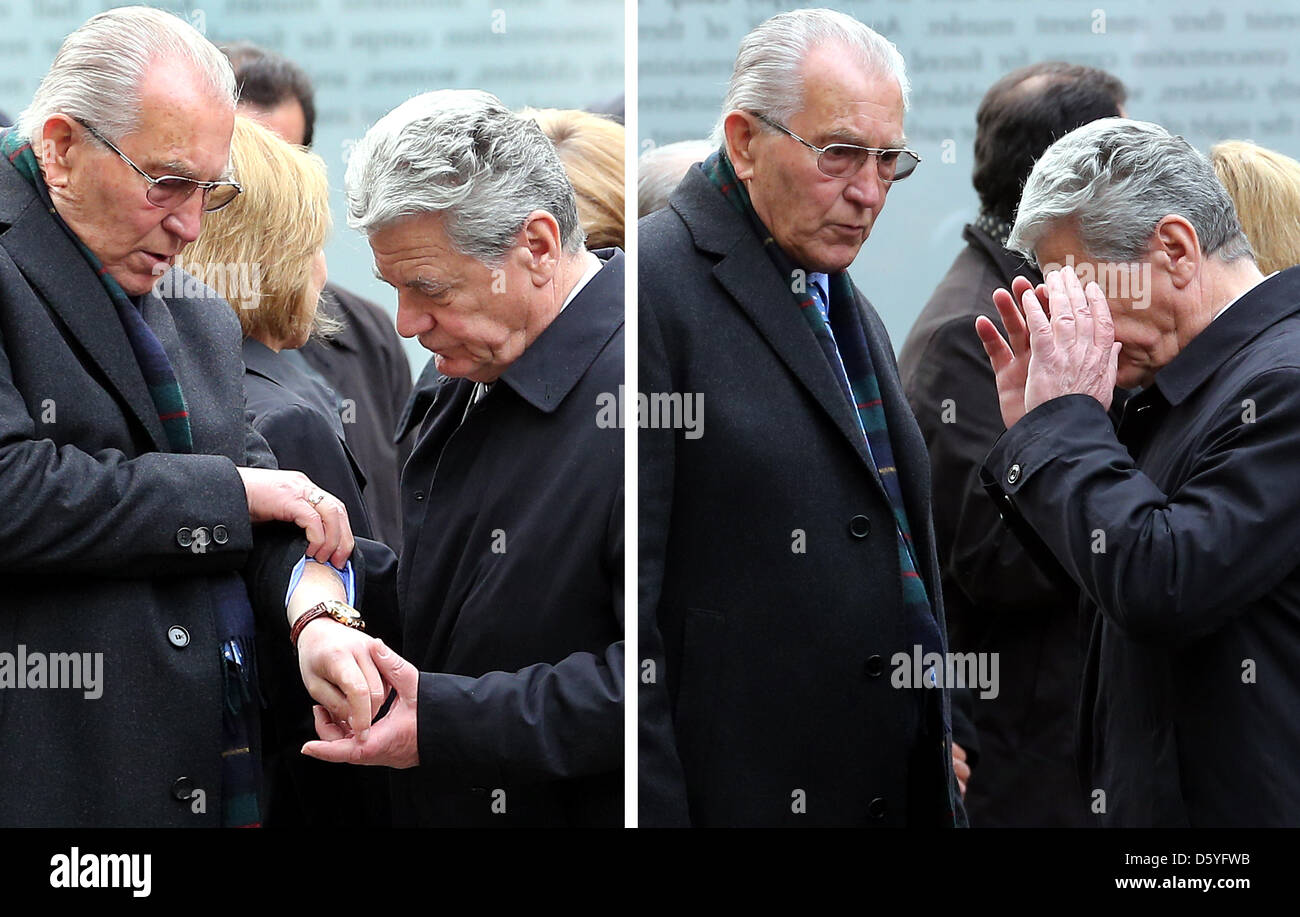 A composite picture shows survivor of the Holocaust Hermann Hoellenreiner (L) showing his concentration camp tattoo to German President Joachim Gauck during the inauguration of the memorial to the Sinti and Roma murdered under National Socialism in Berlin, Germany, 24 October 2012. Around 70 years after the end of World War II the memorial was officially inaugurated today. Photo: W Stock Photo
