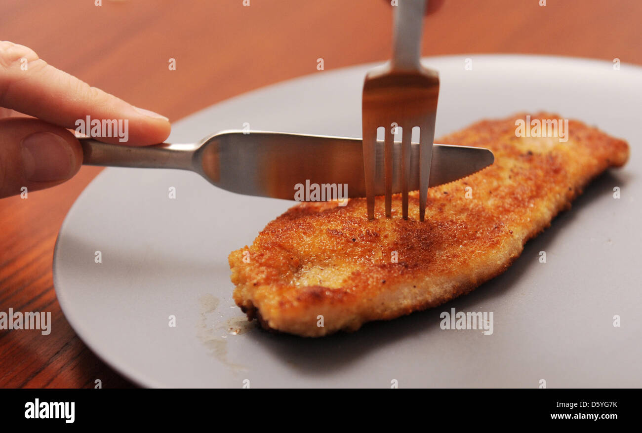The illustration shows a fried pork cutlet on table ready to be served