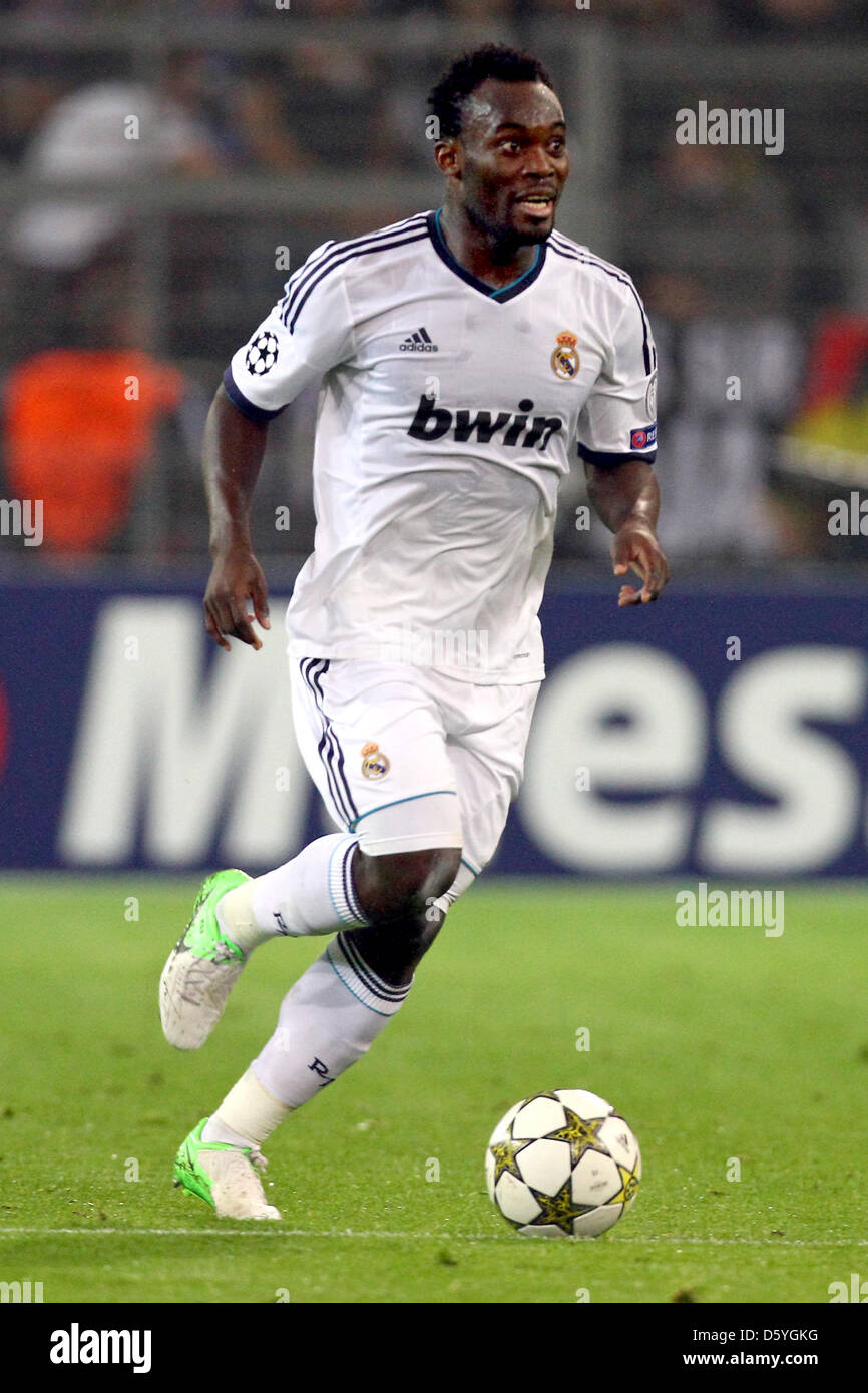 Real Madrid's Michael Essien controls the ball during the Champions League Group D soccer match between Borussia Dortmund and Real Madrid at BVB Stadium Dortmund in Dortmund, Germany, 24 October 2012. Photo: Kevin Kurek/dpa Stock Photo