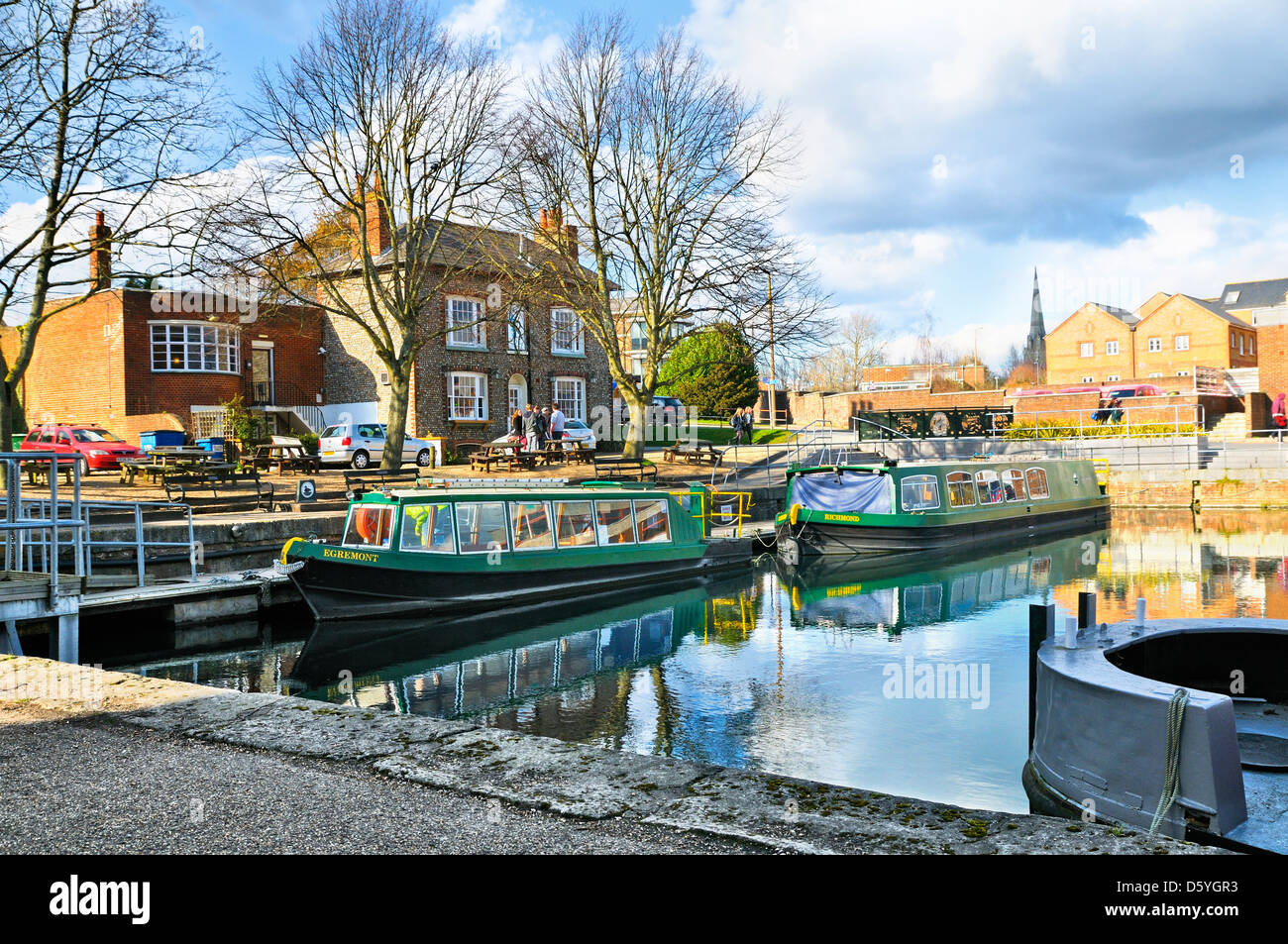 Chichester Ship Canal with cathedral in the distance, Southgate Basin, West Sussex, UK Stock Photo