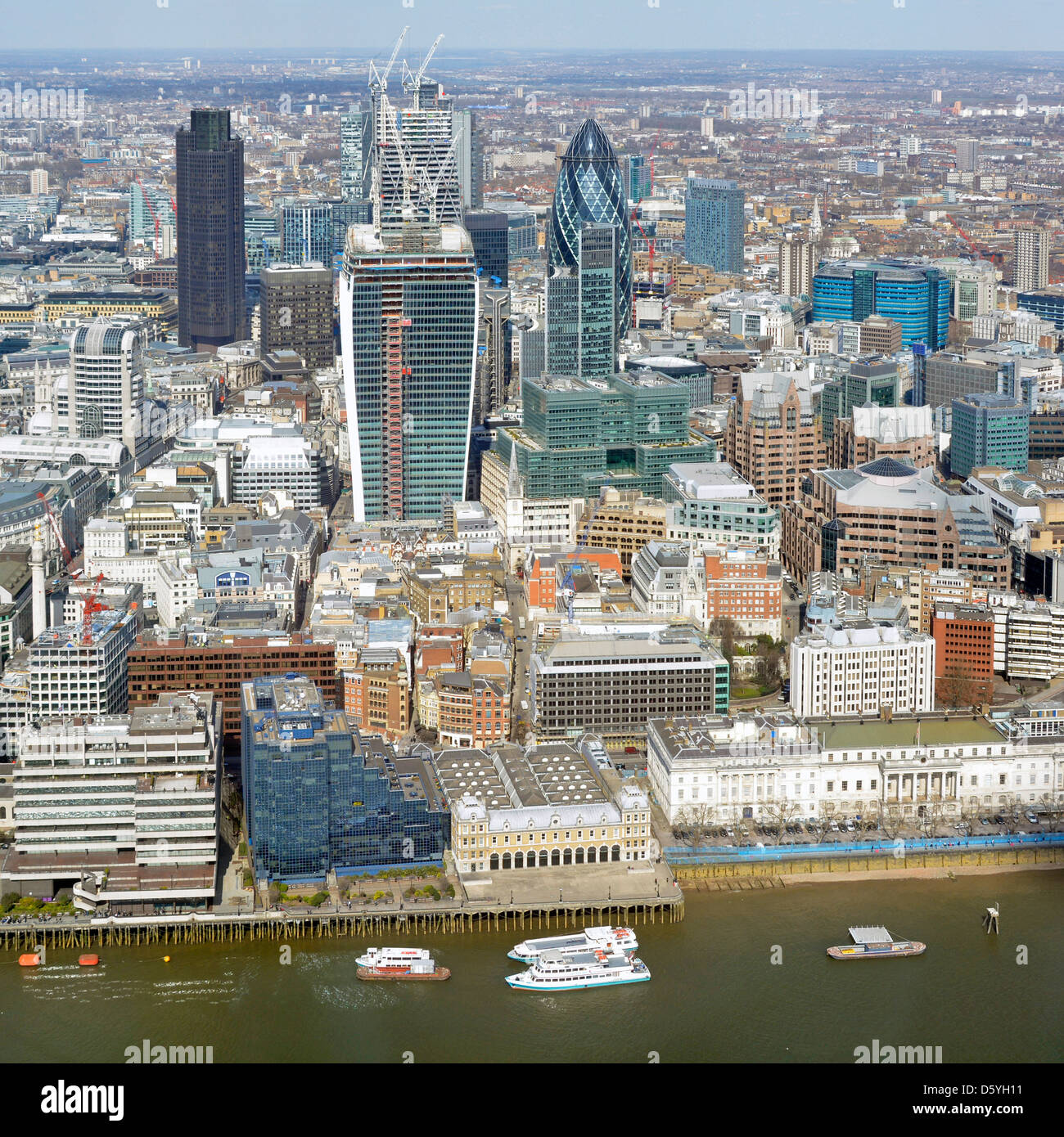Aerial view of City of London square mile skyline cityscape with River