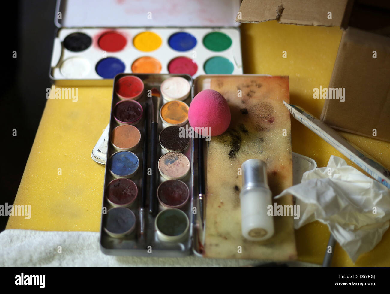 The tools of a make up artist are pictured in Cologne, Germany, 24 October 2012. The scariness factor in TV crime features is mostly the result of good make up. Photo: Oliver Berg Stock Photo