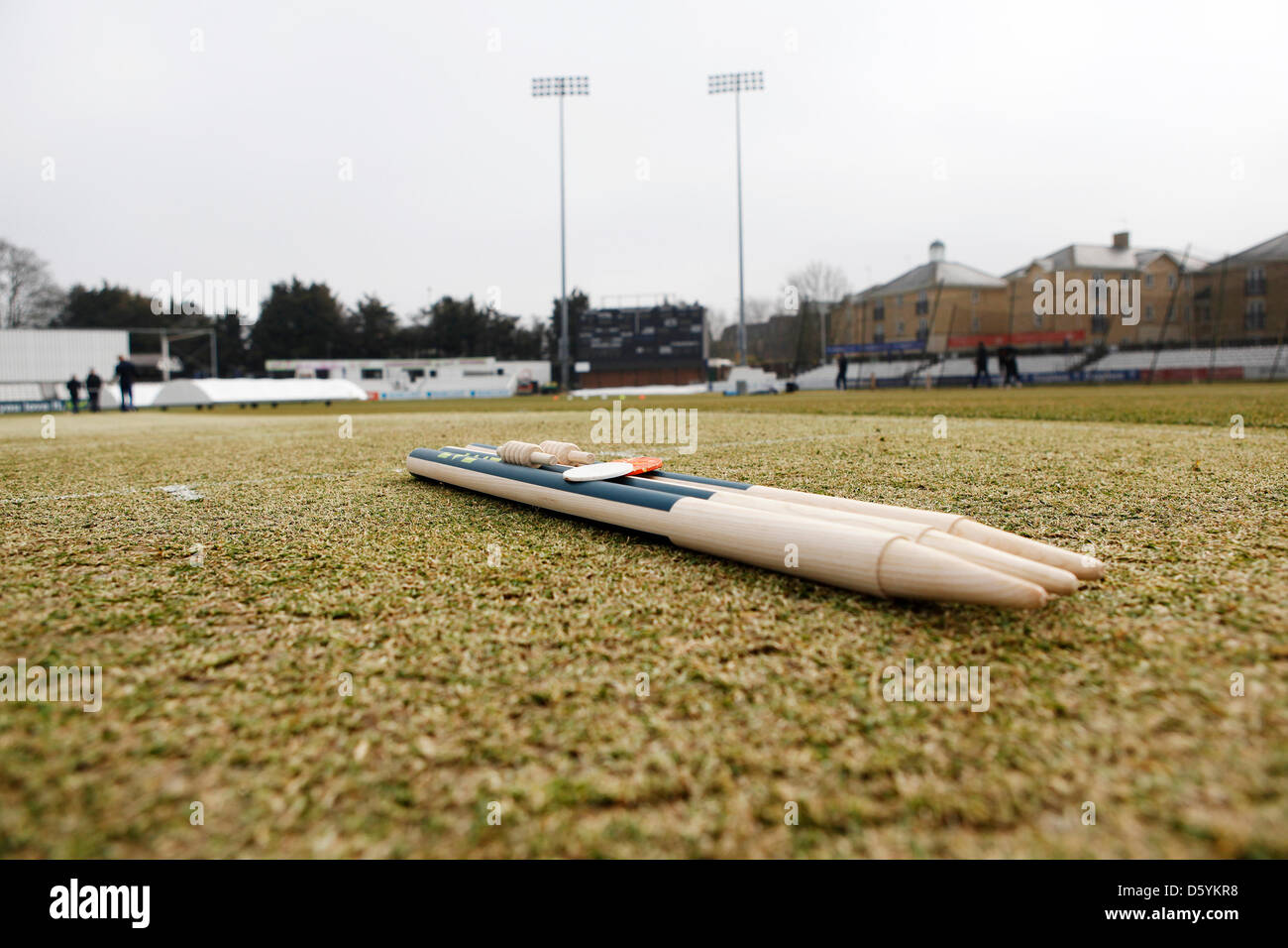 Chelmsford, Essex, UK. 10th April 2013. The stumps and pitch prior to the first game of the season - LV County Championship -  Essex CCC vs Gloucestershire CCC. Credit: Action Plus Sports Images / Alamy Live News Stock Photo