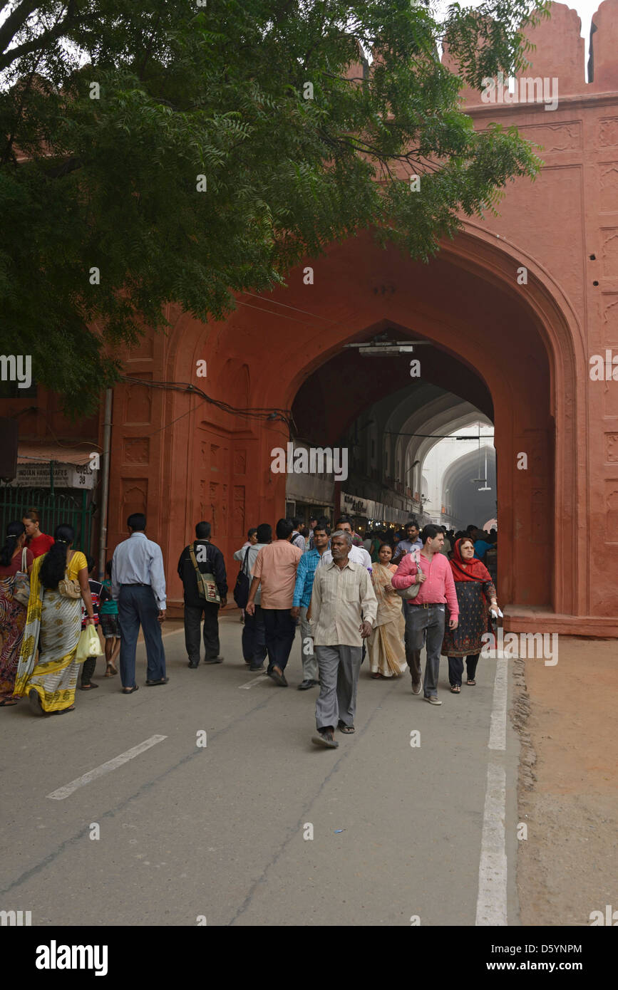Visitors entering the Chatta Chowk where there are tourist arts and crafts shops within the Red Fort in Old Delhi, India Stock Photo