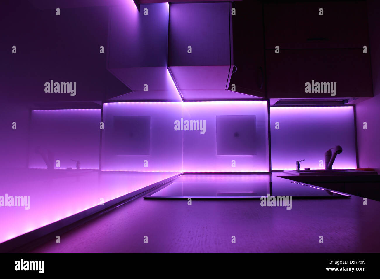 modern luxury kitchen with purple led lighting Stock Photo
