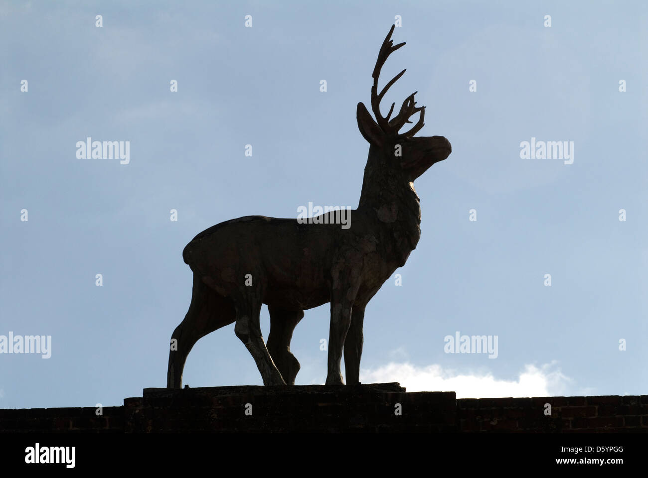 Stag sculpture on top of the Deer Park Stag Gate. The Drax estate  Charborough Park, village of Winterbourne Zelston, Dorset UK. The Stag is noted for its 5th leg. This in fact is a tree stump that gives extra strength to the sculpture. HOMER SYKES Stock Photo