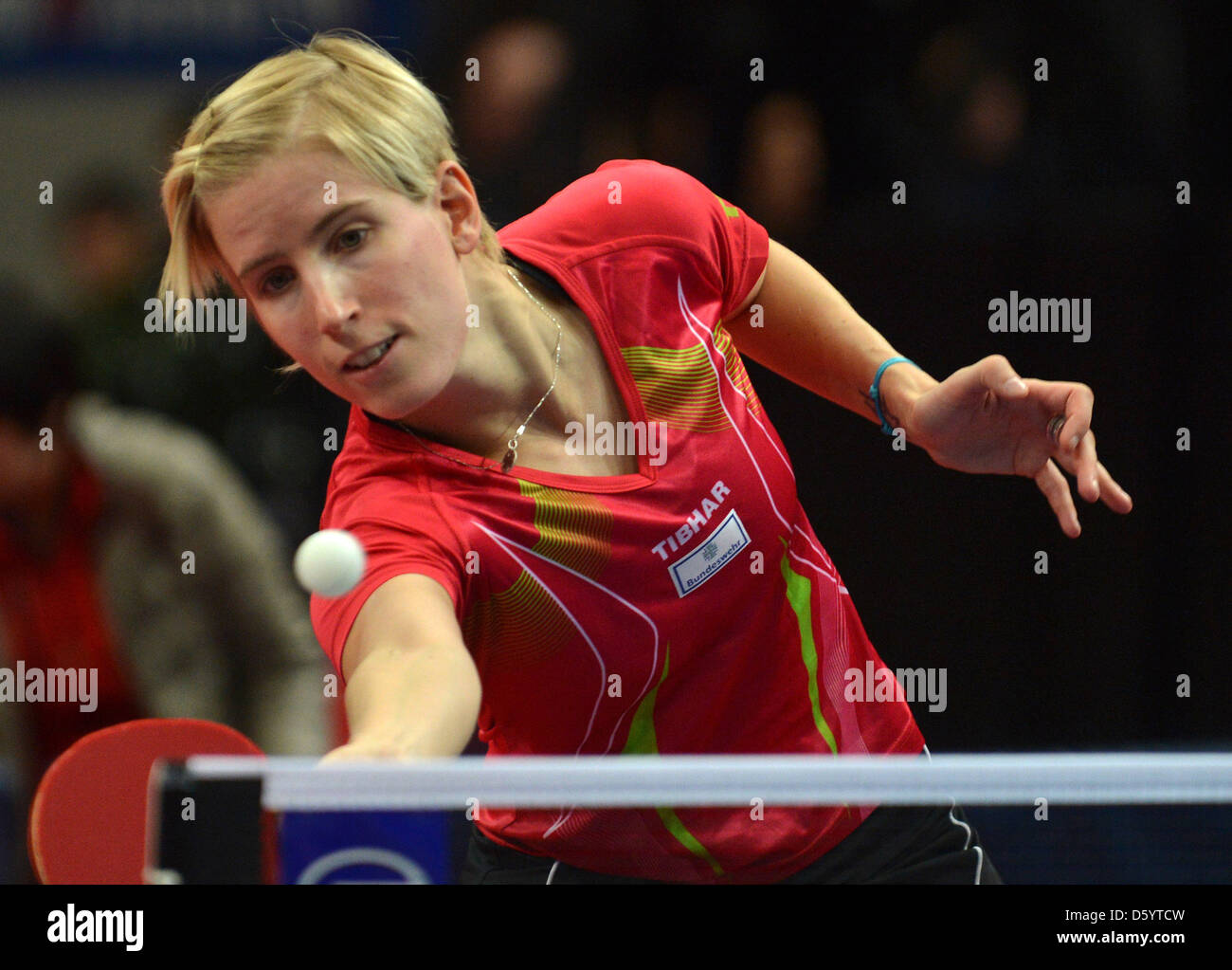 German table tennis player Kristin Silbereisen plays the ball during a
