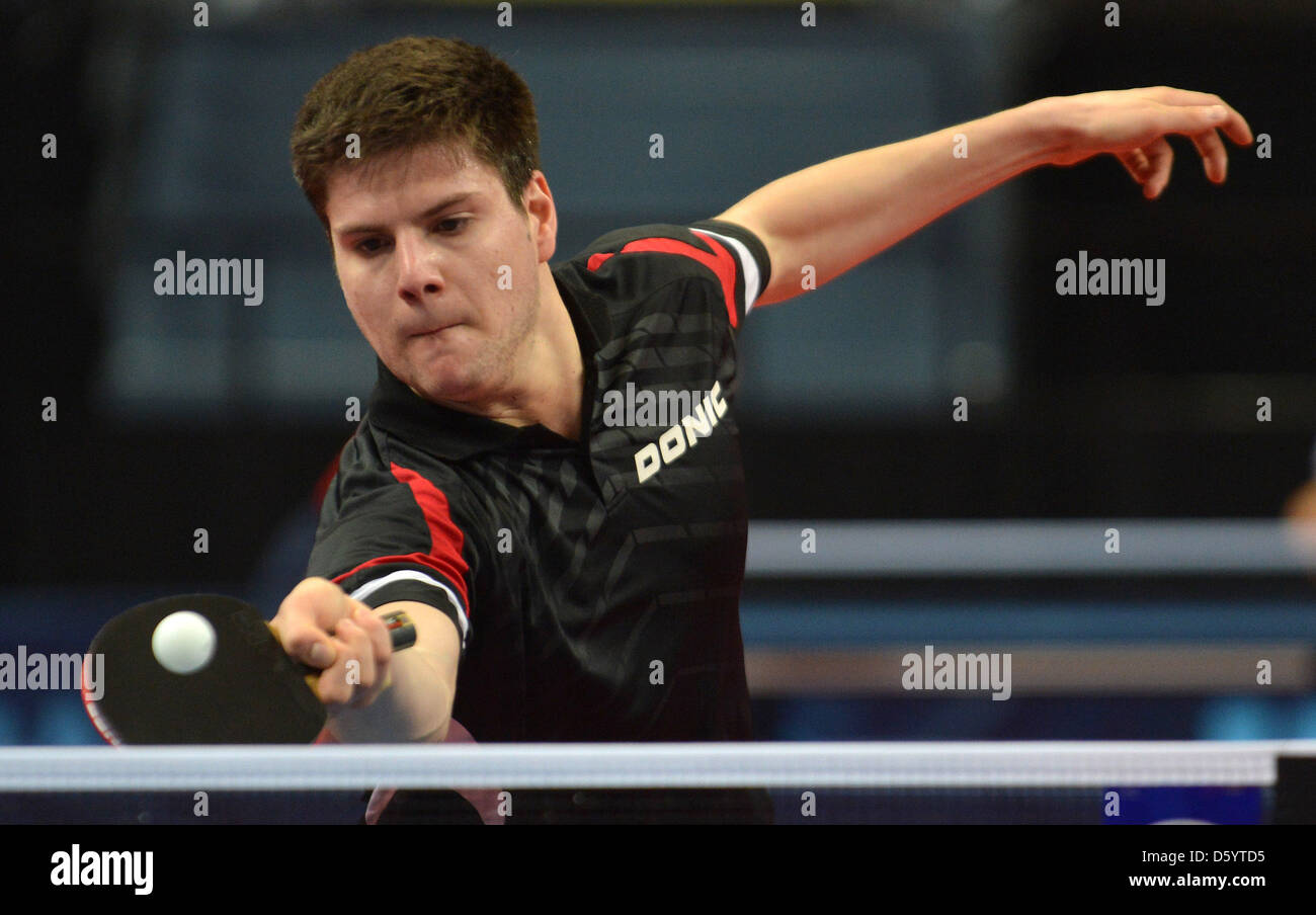 German table tennis player Dimitrij Ovtcharov plays the ball during the  match against Chian from Taiwan at the German Open 2012 in Bremen, Germany,  02 November 2012. Around 300 male and female