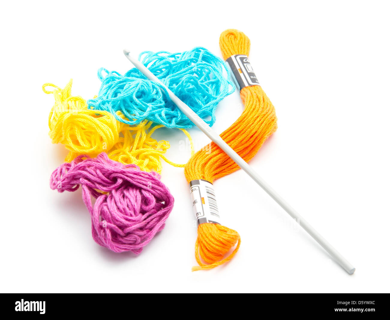 colorful yarn with crochet isolated on white background Stock Photo