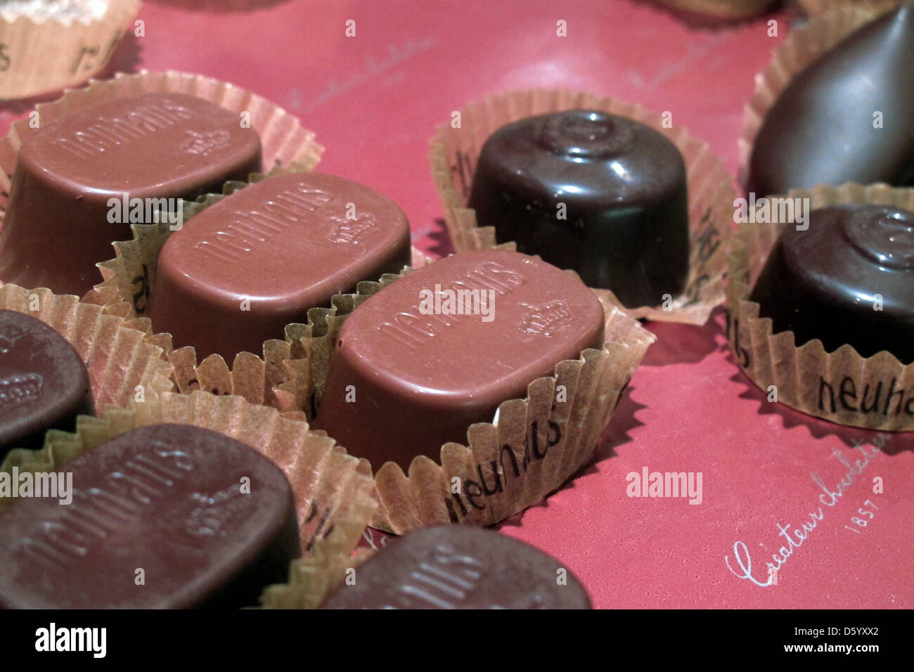 Pralinees and chocolate are pictured at the Neuhaus factory in Brussels,  Belgium, 13 September 2012. 100 years ago, Jean Neuhaus filled the first  chocolate shell with cream and the Berlgian pralinee was