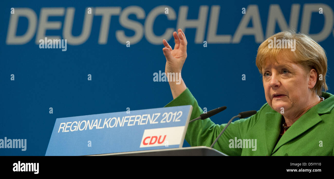 German Chancellor Angela Merkel delivers a speech during the regional conference of the Lower Saxon CDU in Bad Fallingbostel, Germany, 05 November 2012. The conference focussed on current political topics. Photo: Jochen Luebke Stock Photo