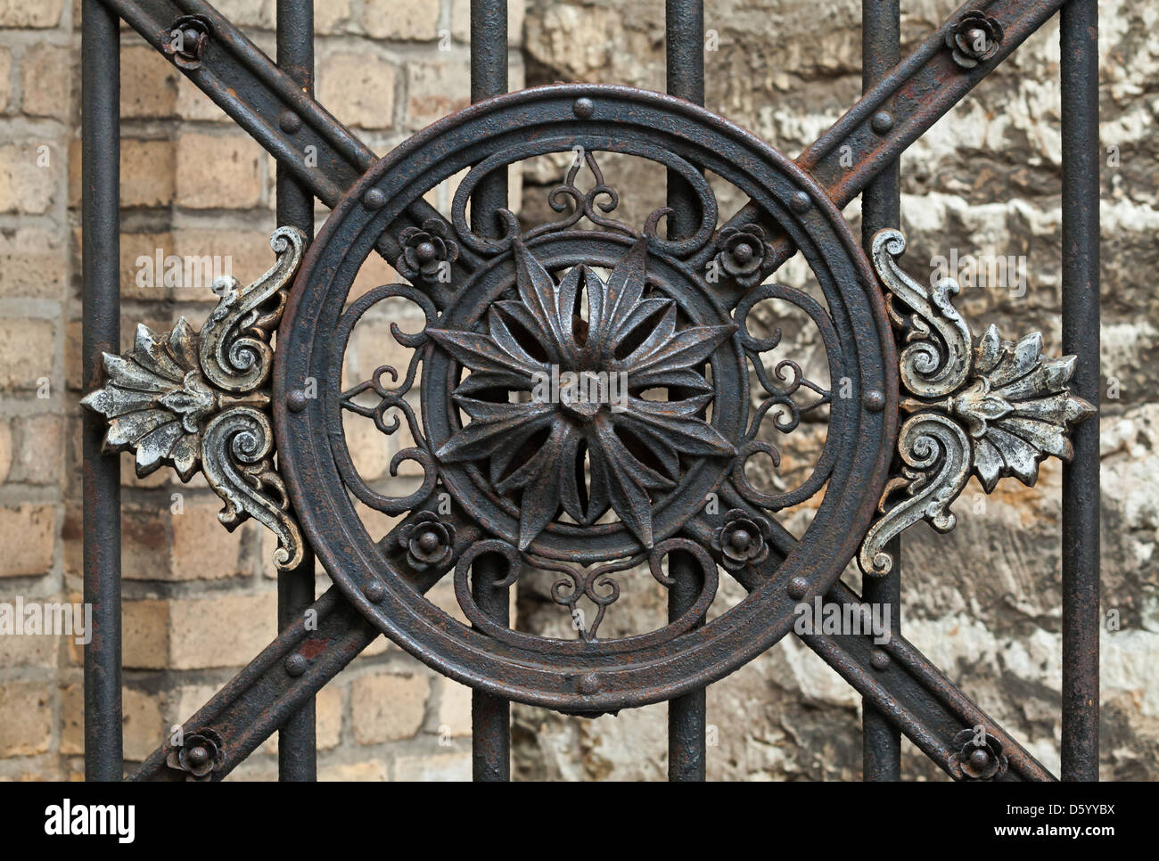 Vintage forged decorative element on metal gate in old part of Tallinn, Estonia Stock Photo
