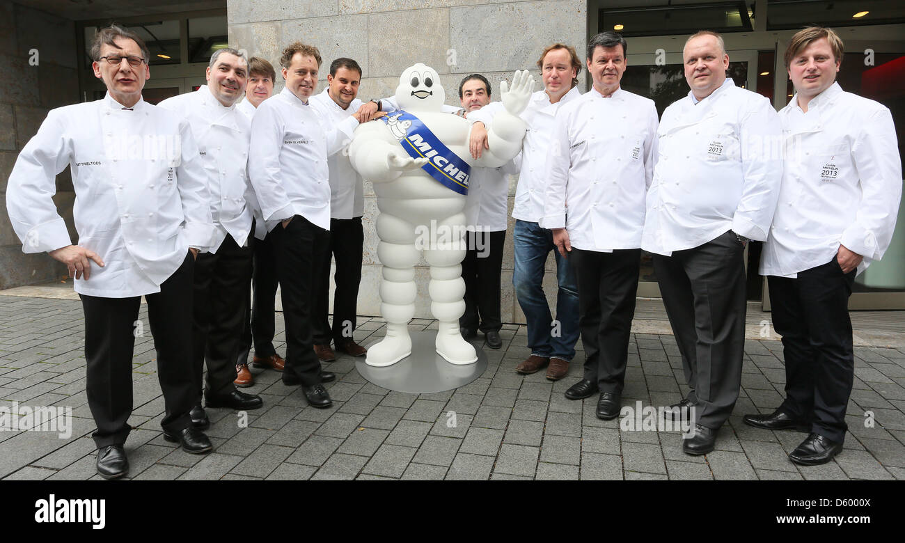 The ten German three-start chefs Helmut Thieltges (Waldhotel Sonnora in Wittlich, L-R), Christian Bau (Victor's Gourmet Restaurant Schloss Berg in Perl), Joachim Wissler (Vendome in Bergisch-Gladbach), Sven Elverfeld (Aqua in Wolfsburg), Klaus Erfort (Gaeste Haus Klaus Erfort in Saarbruecken), Juan Amador (Amador in Mannheim), Thomas Buehner (La Vie in Osnabrück), Harald Wohlfahrt  Stock Photo