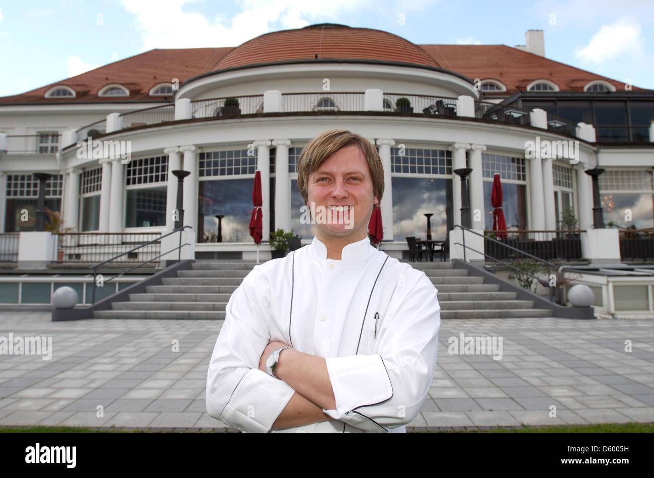FILE - An archive picture dated 14 November 2007 shows chef Kevin Fehling standing in front of his gourmet restaurant 'La Belle Epoque' of Hotel Columbia in Travemuende, Germany, 14 November 2012. Restaurant guide 'Michelin' has awarded Fehling its third star on 07 November 2012. Fehling's restaurant is only the tenth to be awarded three stars in Germany. Photo: Wolfgang Langenstra Stock Photo